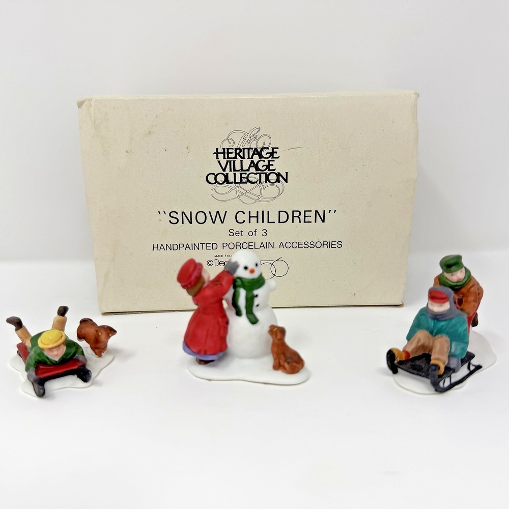 Dept 56 Heritage Village Collection 3pcs " SNOW CHILDREN" Sledding & Snowman 90s